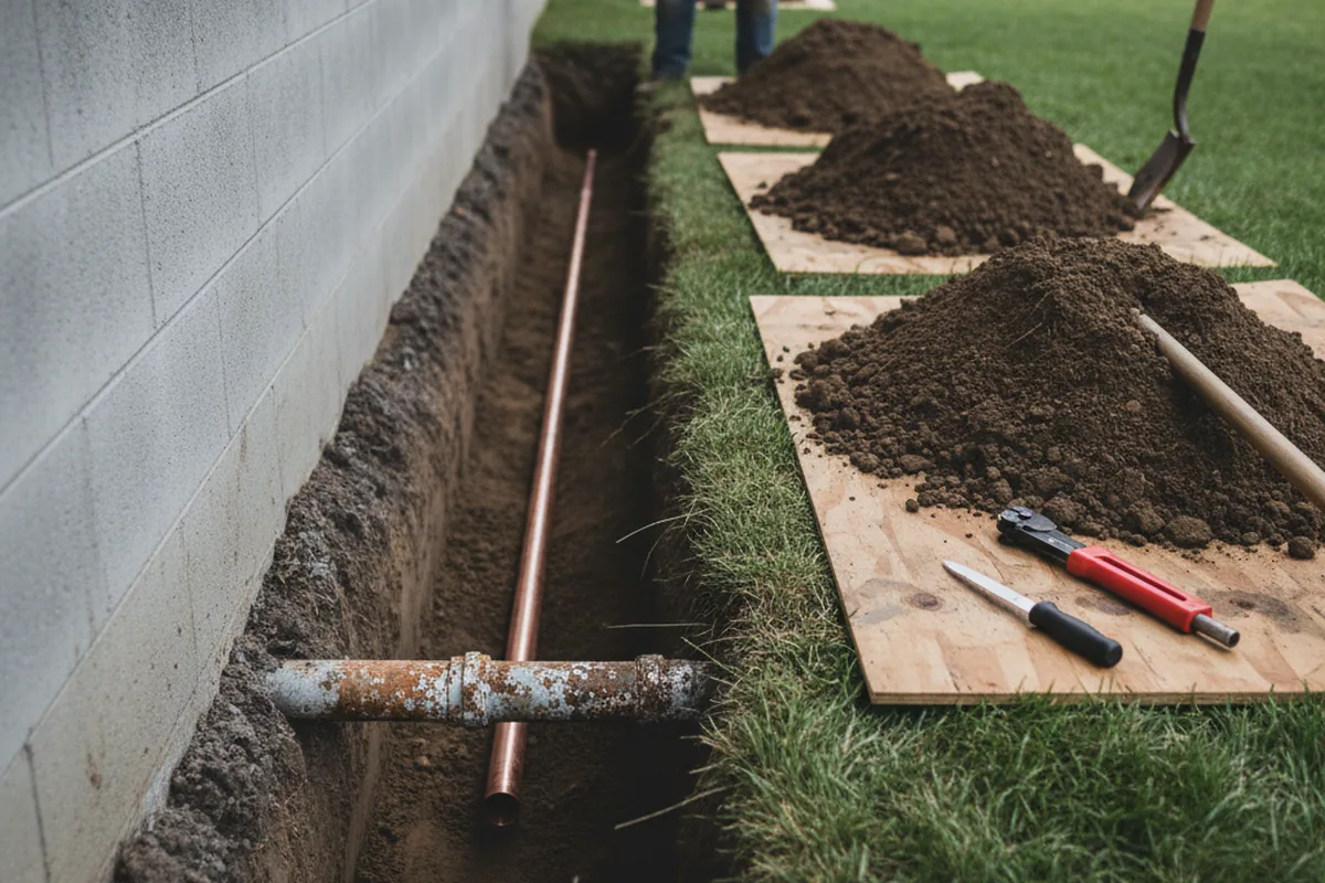 Excavated water line trench during Water Softener Installation in Eads